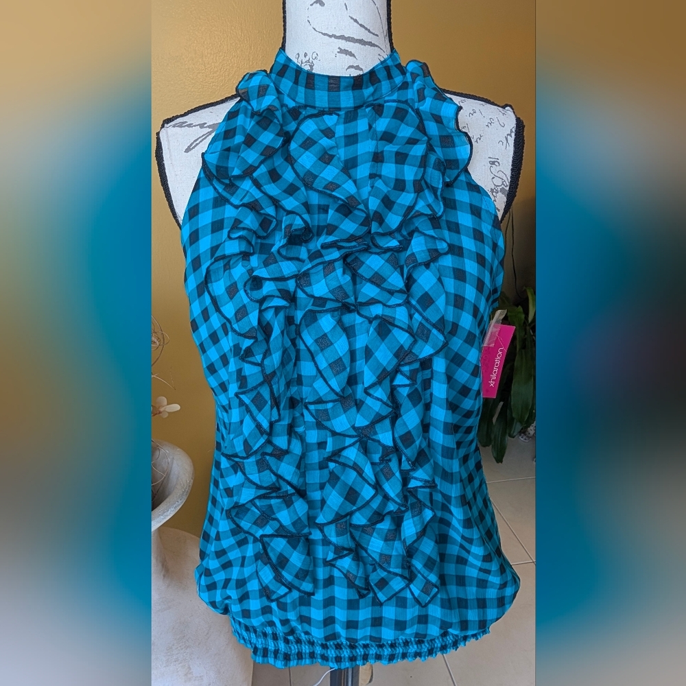 NWT Xhilaration Checkered High Neck Teal Blue & Black Ruffle Blouse Size Large